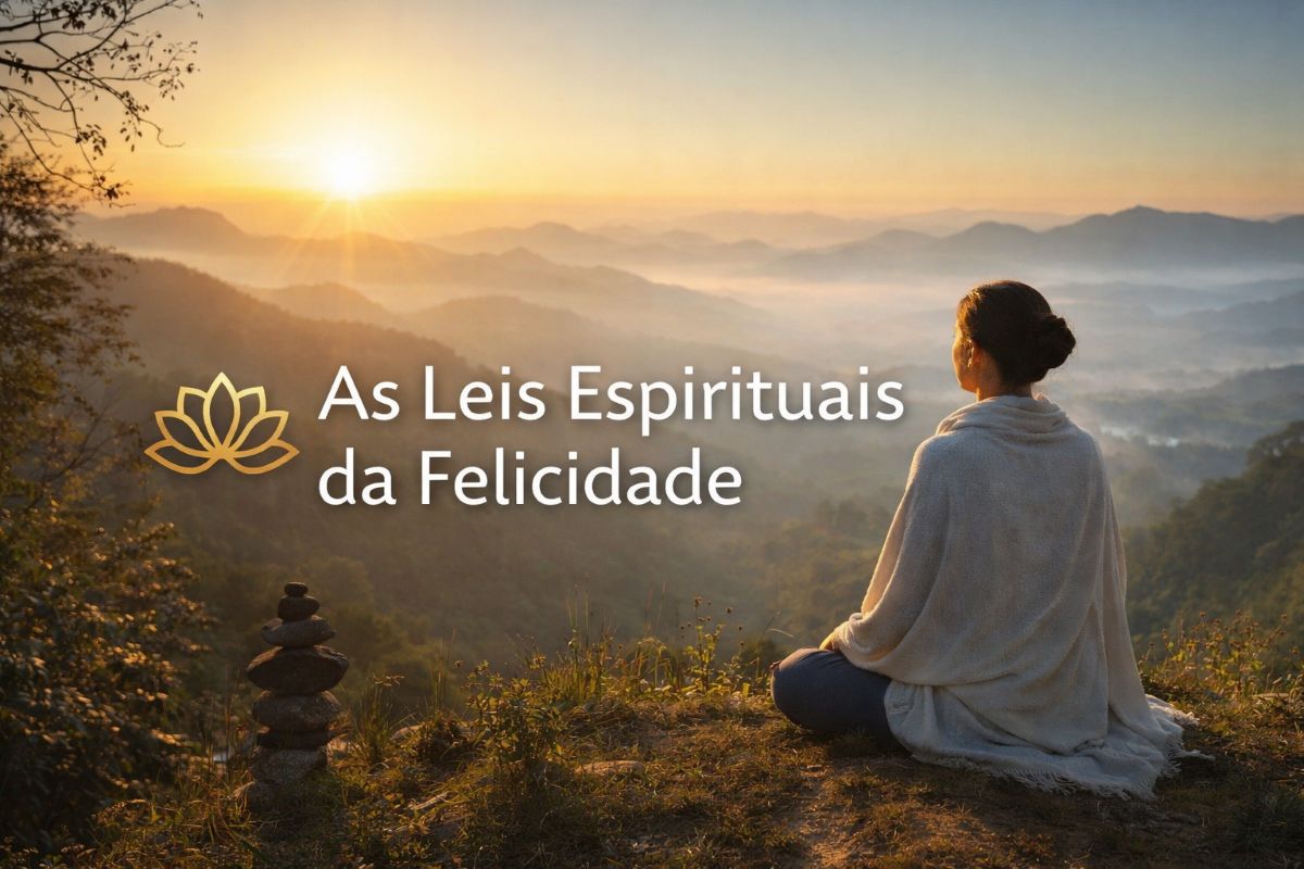 Paisagem serena ao amanhecer representando as leis espirituais da felicidade e o equilíbrio interior